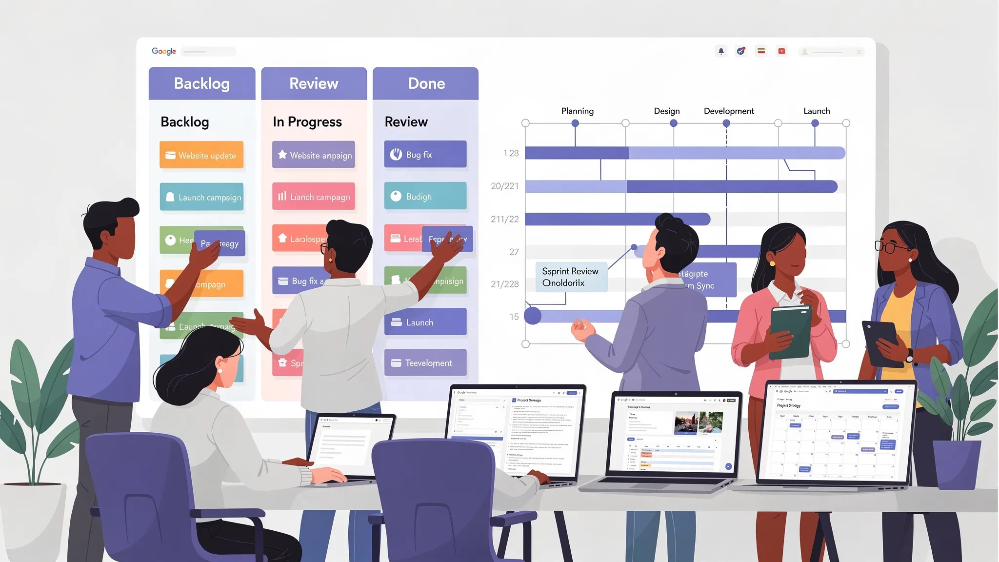 A growing team collaborating around a wall-sized project board with a kanban workflow and a timeline plan side by side, using Google Workspace files and calendar dates to coordinate tasks.