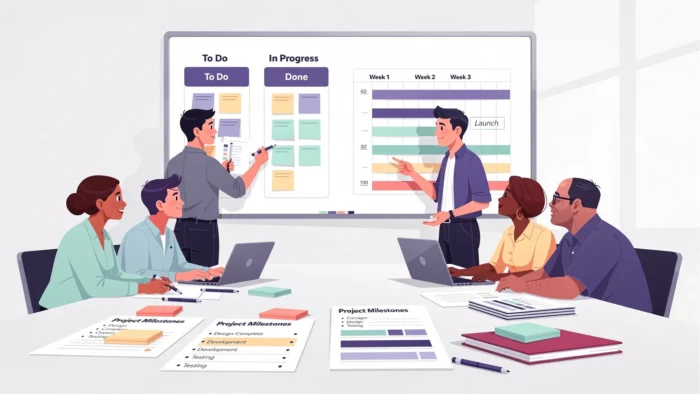 A modern project team collaborating around a whiteboard showing a Kanban board and a simple Gantt-style timeline, with sticky notes, laptops closed, and printed project milestones on the table