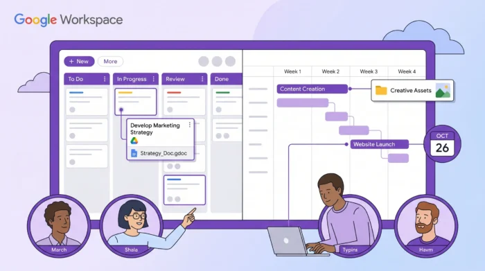 A project team collaborating in Google Workspace, with a kanban board and a Gantt timeline shown side by side, plus Google Drive file attachments and calendar milestones connected to tasks