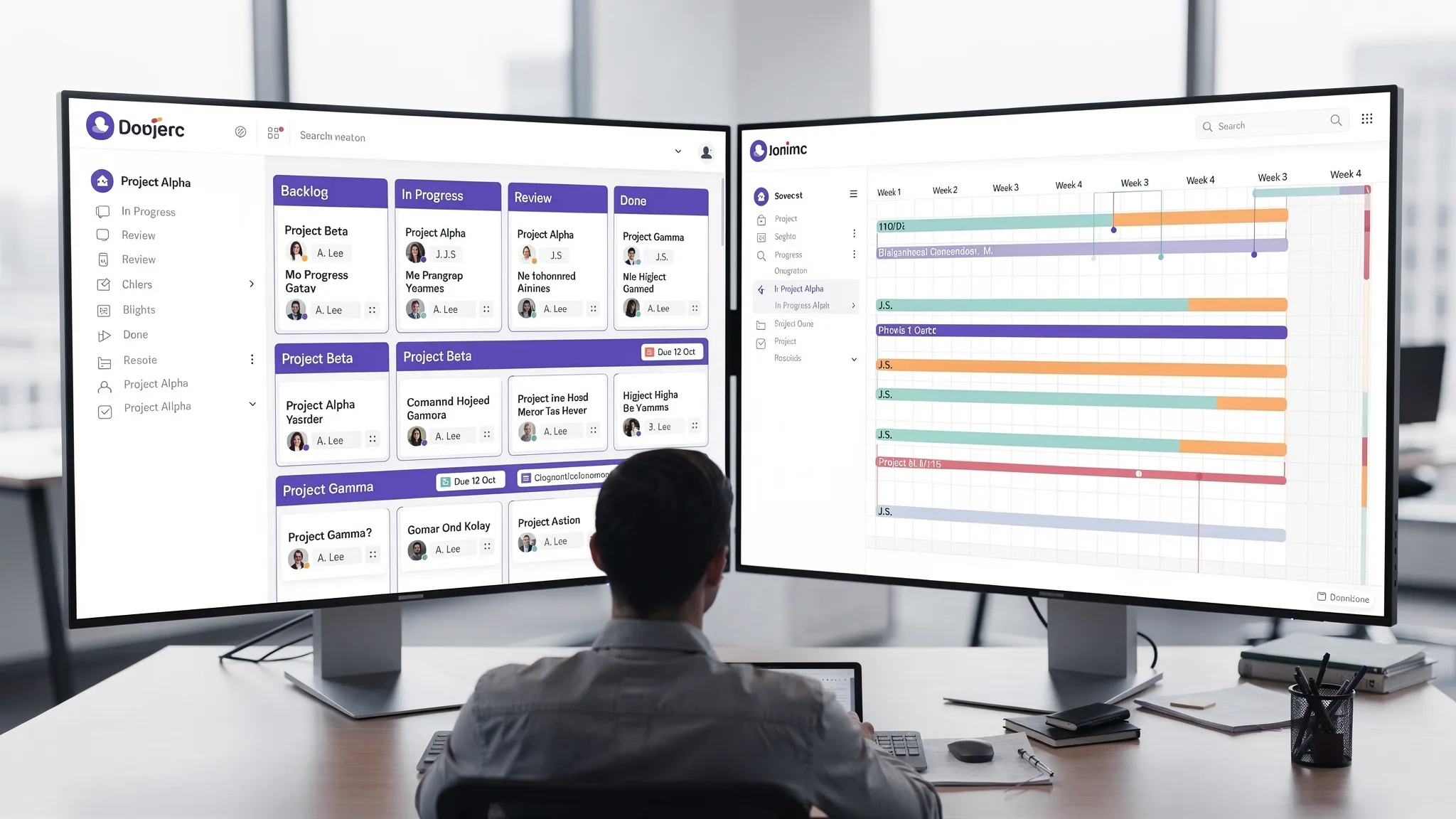 A realistic scene of a project manager viewing a Kanban board with swimlanes labeled by project, alongside a linked timeline (Gantt) view on the same workspace, with task cards showing owners and due dates. The screens are facing the viewer and contain only generic UI elements.