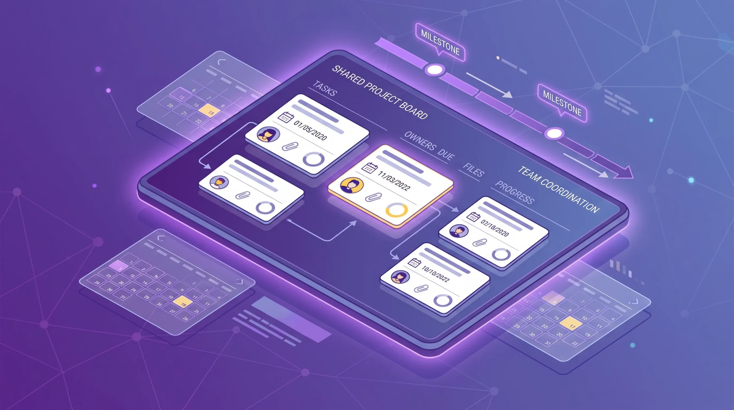 A shared visual project board with task cards, owners, due dates, attached files, and progress indicators, surrounded by a calendar and simple timeline elements that show how a busy team coordinates work in one place.