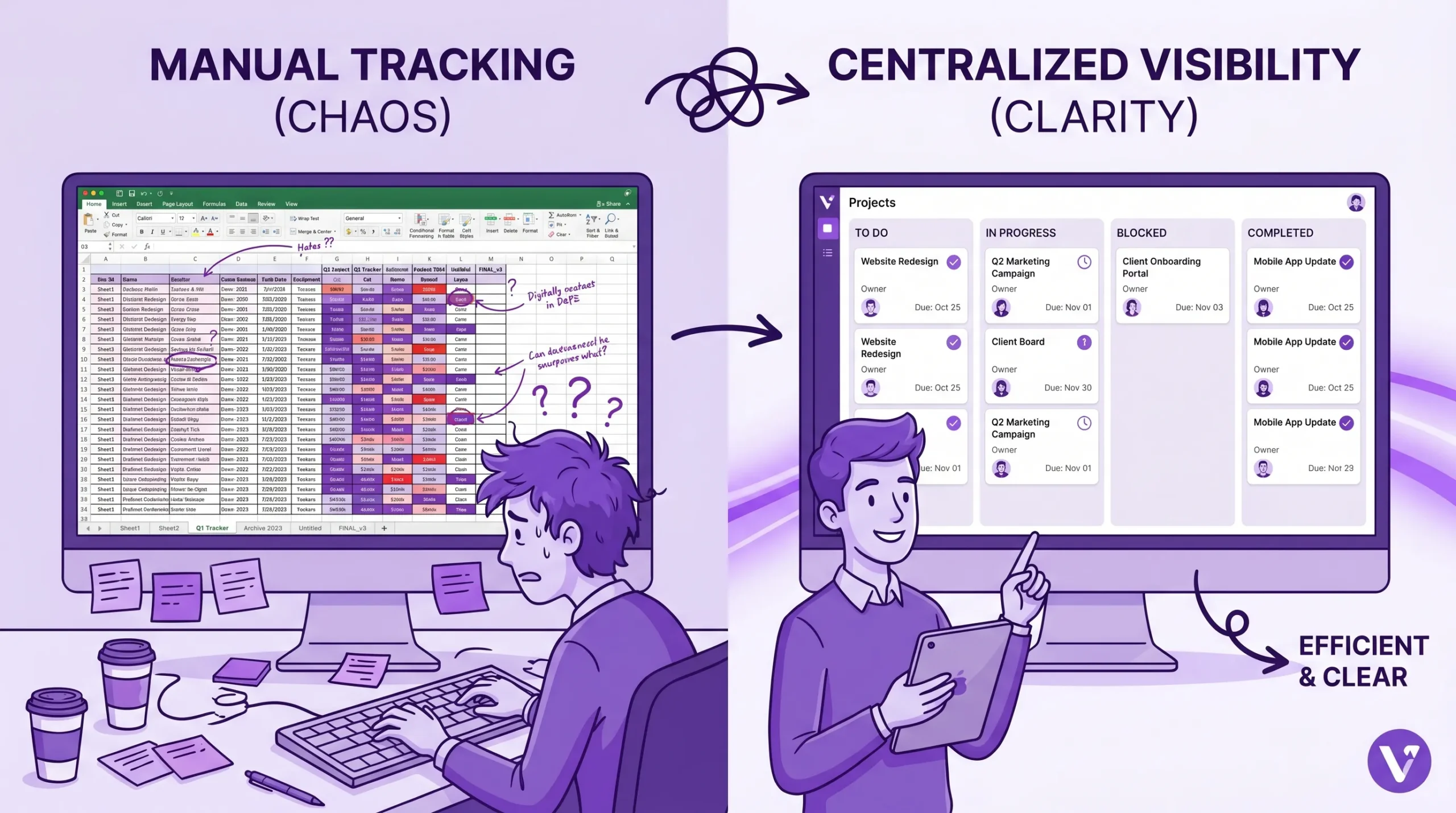 Manual Tracking vs Centralized Project Visibility: Why Teams Need a Single Source of Truth A side-by-side scene showing a cluttered multi-tab spreadsheet tracker on the left and a clean multi-project visual board with clear statuses, owners, and due dates on the right, illustrating the difference between manual tracking and centralized project visibility.