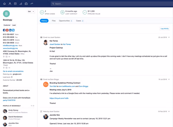 A clean and simple Capsule CRM contact view highlighting a detailed relationship history and task reminders