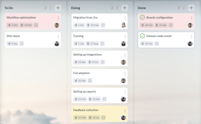 A screenshot of a Kanbanchi board showing "To Do", "Doing", and "Done" columns with individual task cards assigned to specific team members through visible avatars and due dates