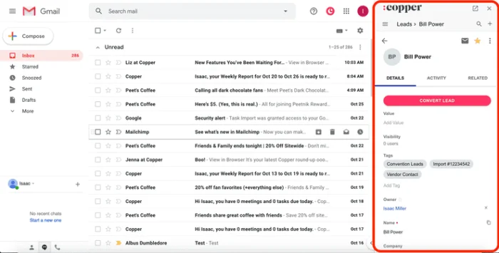 he Copper CRM interface integrated as a side panel within a Gmail inbox, showing deal details alongside an email