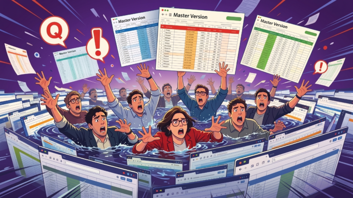 An illustration of a team drowning in a chaotic sea of spreadsheet browser tabs, with large question marks and conflicting "Master Version" sheets floating overhead