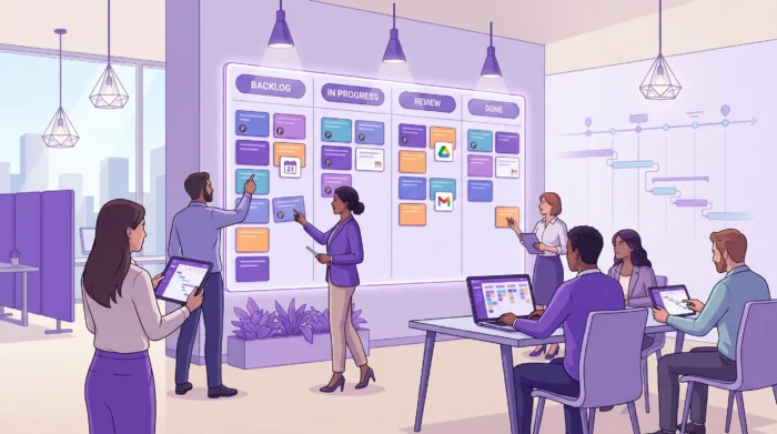 Google Task Management for Teams: Best Ways to Stay Aligned A vibrant illustration showing a diverse team of professionals collaborating around digital task icons and a central dashboard to represent unified project management