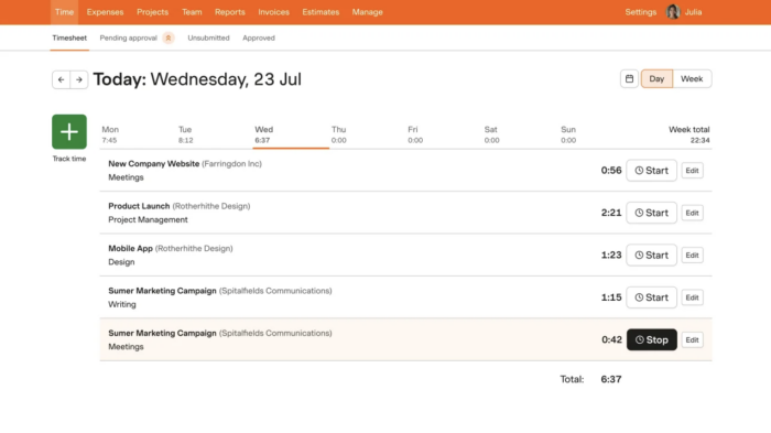 A screenshot of the Harvest timesheet interface showing tracked hours for various projects like a mobile app design and a product launch