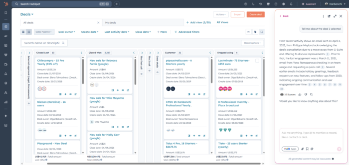 A screenshot of the HubSpot Sales Hub dashboard showing a visual deal pipeline with AI-driven task suggestions
