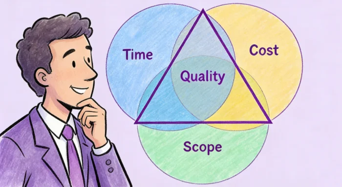 A colorful illustration of a man thoughtfully observing a diagram of the project management triangle showing the intersection of Time, Cost, and Scope with Quality at the center