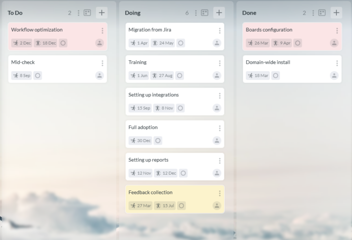A screenshot of a Kanbanchi board titled "Kanbanchi adoption" showing various task cards with due dates and assigned owners, representing the project management triangle