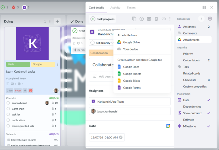 A screenshot of the kanbanchi card interface showing the possibility of attaching files from Google Drive as well as creating new files in Google Drive