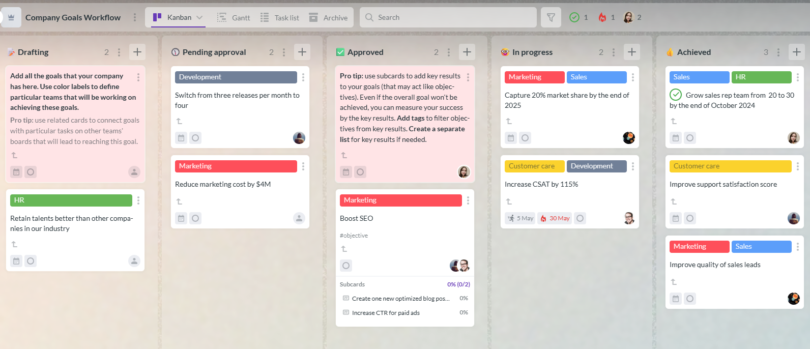 Kanbanchi interface with Kanban board, project tracking, and workflow management features for enterprise teams