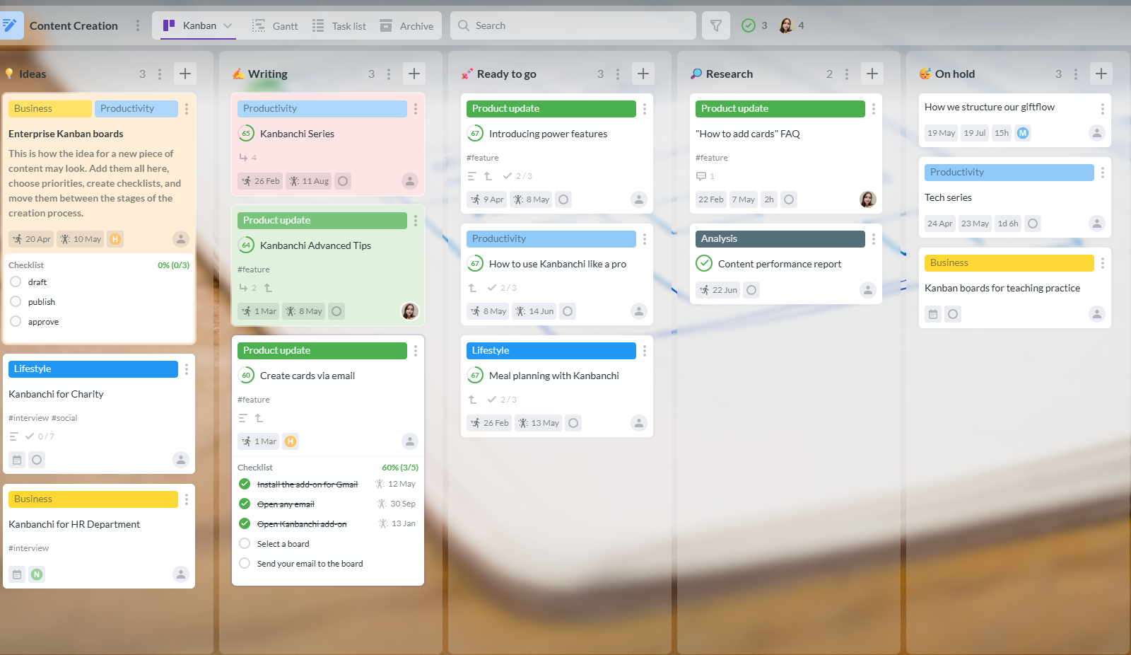 Kanbanchi Kanban board interface showing task cards organized into columns for project management and team collaboration