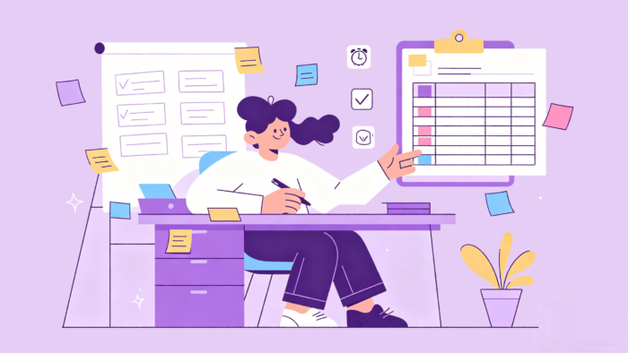 marketing-plan-for-software-company-illustration An illustration of a professional woman at a purple desk organizing a marketing plan for software company using modern tools