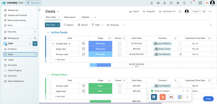 The Monday Sales CRM interface showing a fully customized, colorful board for tracking lead statuses and team collaboration