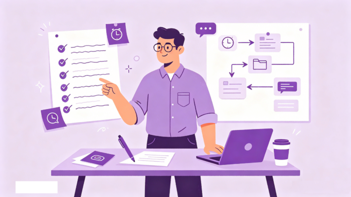 A stylized illustration of a professional in a purple shirt organizing a task checklist and a visual workflow flowchart at a desk with a laptop