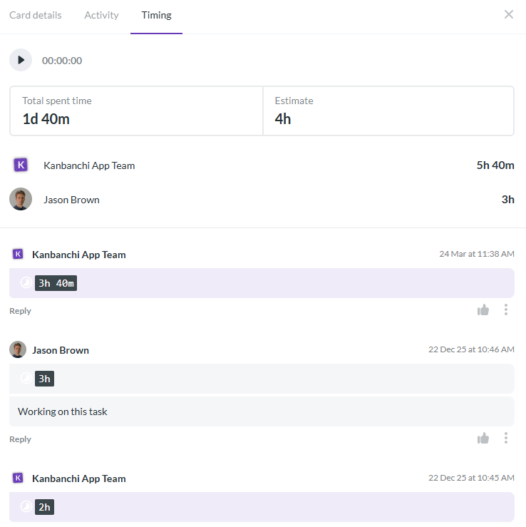 Kanbanchi time tracker in project management platform