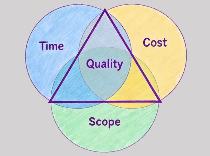 The project management triangle showing the intersection of Time, Cost, and Scope with Quality at the center