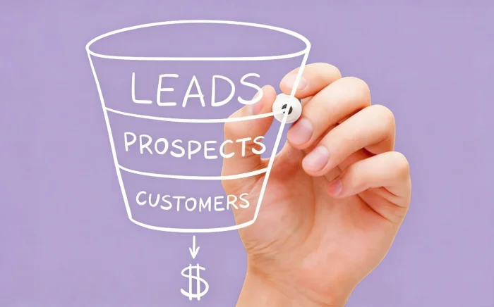 sales-pipeline A hand drawing a visual sales funnel on a purple background with sections labeled Leads, Prospects, and Customers leading to a dollar sign