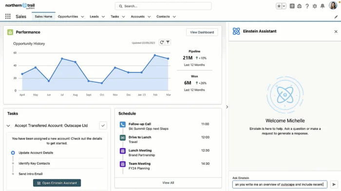 The Salesforce Sales Cloud interface featuring a highly customized enterprise dashboard and Einstein assistant