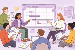 A stylized illustration of a diverse team of professionals collaborating in a brightly lit workspace. They are gathered in a circle around a large digital display showing a "Project Progress" Gantt chart, with team members using laptops, notebooks, and clipboards to discuss milestones and track tasks