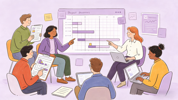 A stylized illustration of a diverse team of professionals collaborating in a brightly lit workspace. They are gathered in a circle around a large digital display showing a "Project Progress" Gantt chart, with team members using laptops, notebooks, and clipboards to discuss milestones and track tasks
