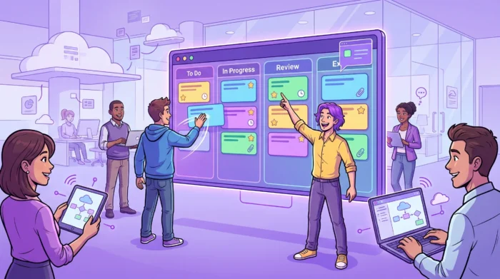Illustration of a team using the task management software that supports their workflow and aloows them to move faster