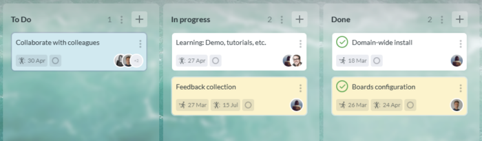 A screenshot of a Kanbanchi board with tasks organized into "To Do," "In progress," and "Done" columns, featuring individual cards with assigned team members and due dates