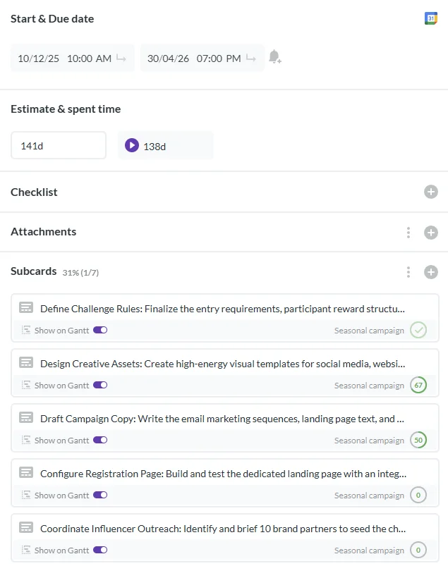 A screenshot of a task management dashboard displaying a comparison between estimated and actual spent time, alongside a list of sub-tasks for a seasonal campaign with individual progress percentages