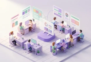 A 3D illustration of a modern ten-person office layout with team members working at computers connected by floating digital project management dashboards and charts