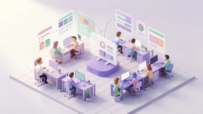 10-person-team-pm-app-article-illustration A 3D illustration of a modern ten-person office layout with team members working at computers connected by floating digital project management dashboards and charts