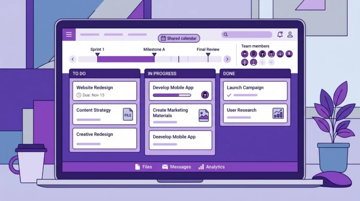 A clean project workspace with task cards grouped by status, timeline milestones, owner indicators, and file icons, showing how a team can track work in one shared place