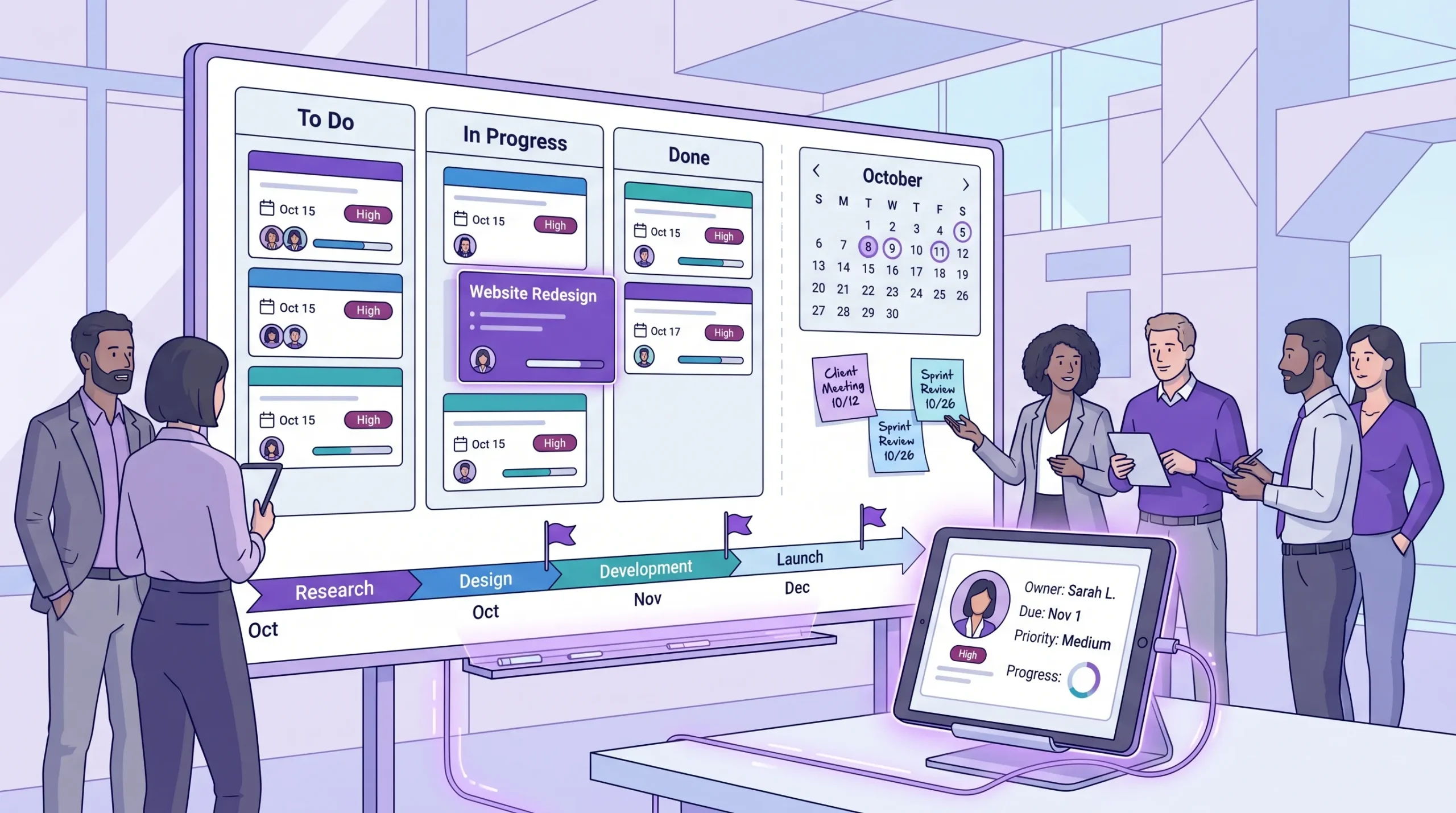 Project Management Tracker for Organizing Tasks and Team Progress A collaborative project planning scene with a visual Kanban board, timeline strip, calendar notes, and task cards showing owners, dates, priorities, and progress.