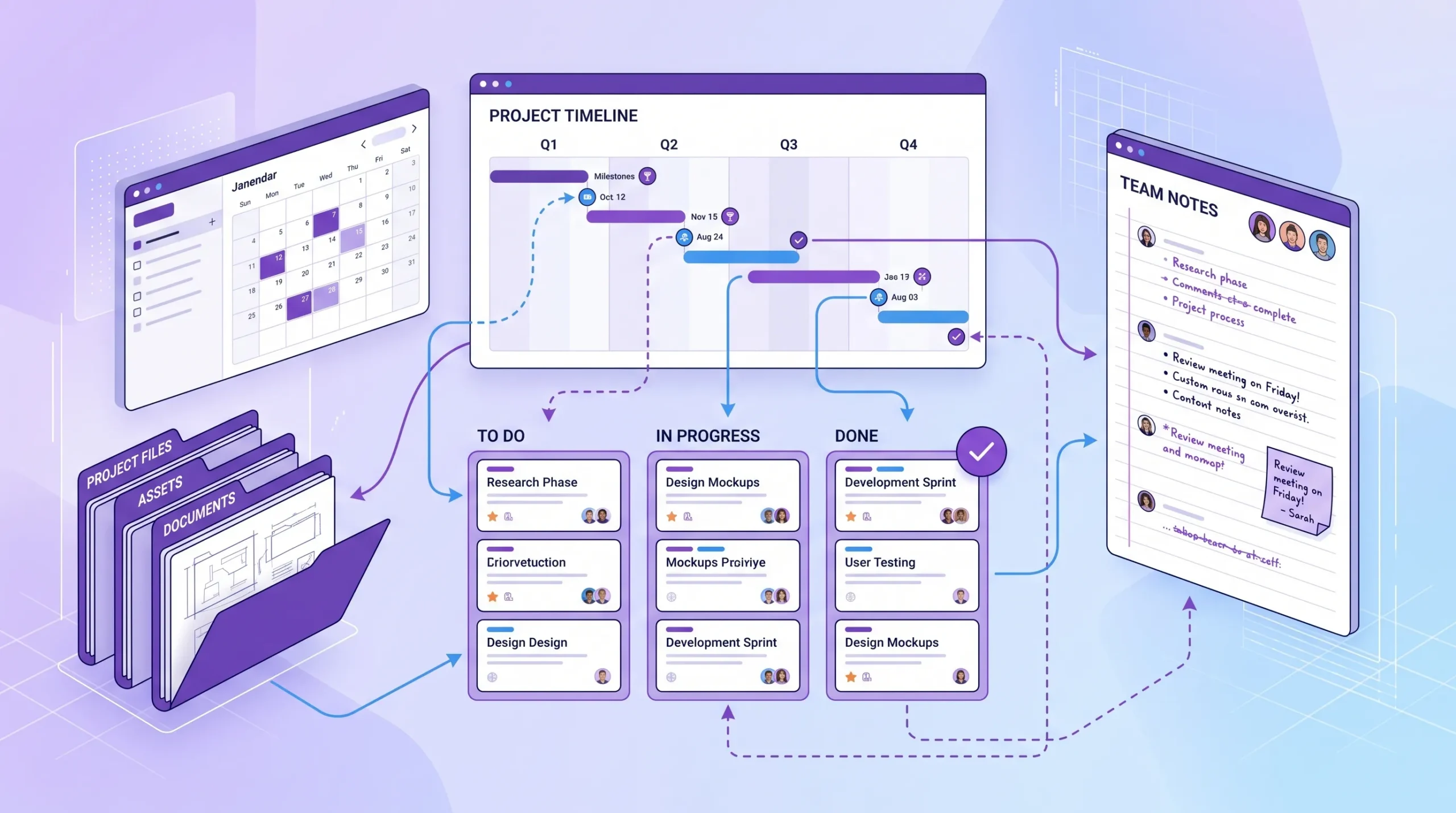 A project planning workspace with task cards, a timeline chart, team notes, folders, and a calendar arranged together to represent connected project management workflows.