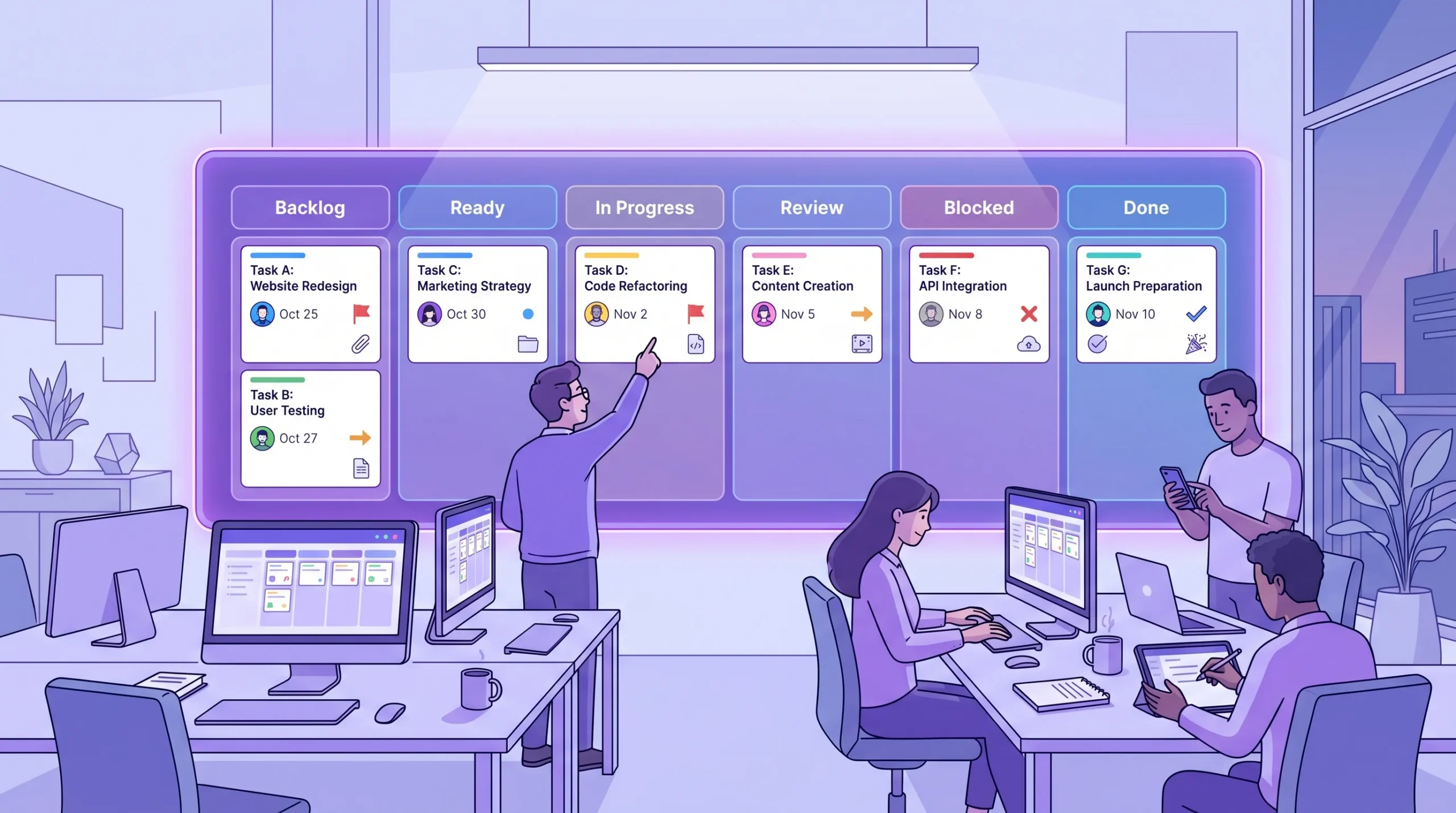 A project team workspace showing a visual task board with columns for Backlog, Ready, In Progress, Review, Blocked, and Done. Each card includes an owner, due date, priority marker, and attached file icon, illustrating a clear project tracker setup.