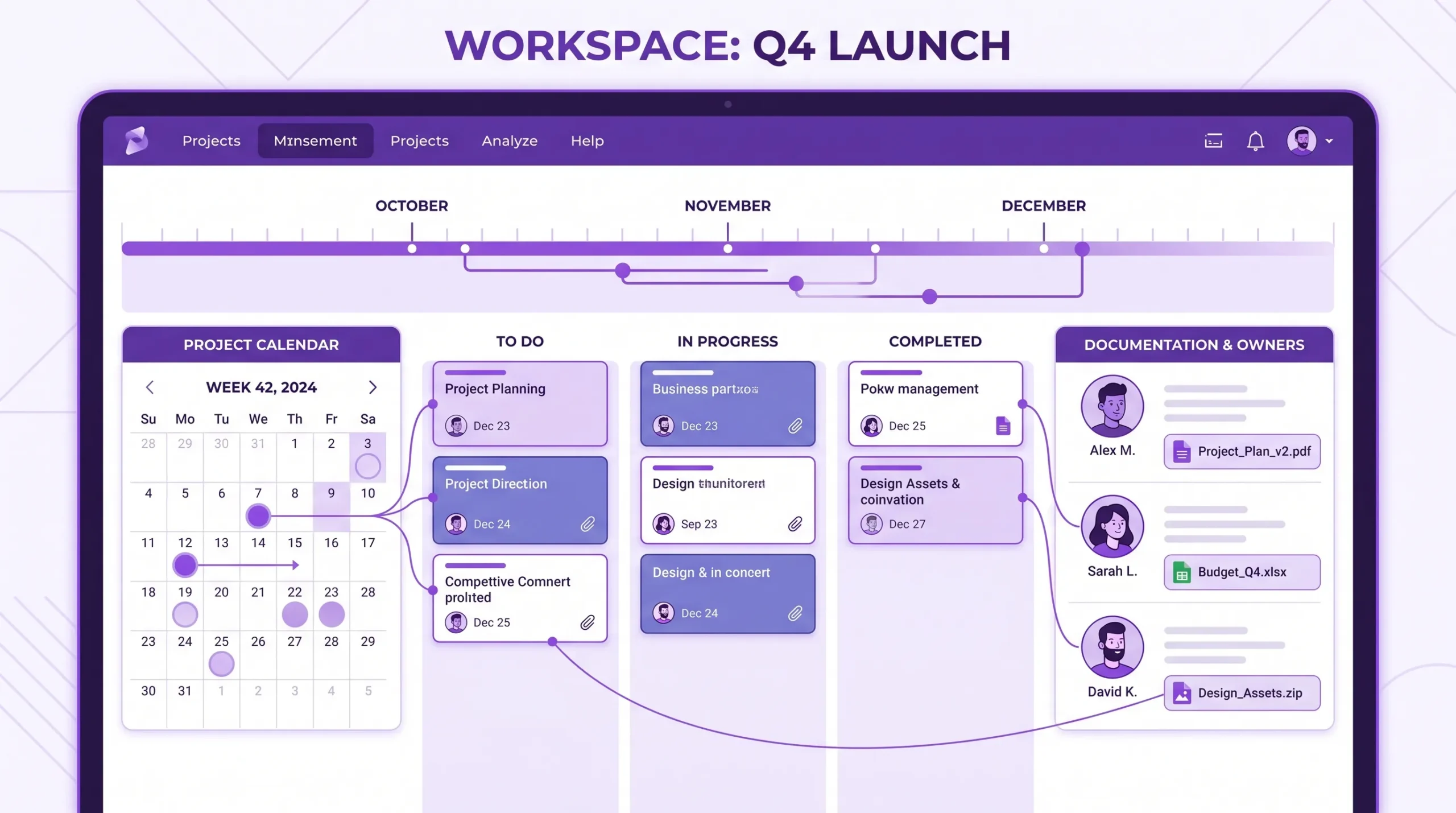 Project Scheduler Software Connected Timeline and Task Management Overview A shared project workspace showing a timeline, task board, calendar dates, owners, and attached documents connected as one workflow.