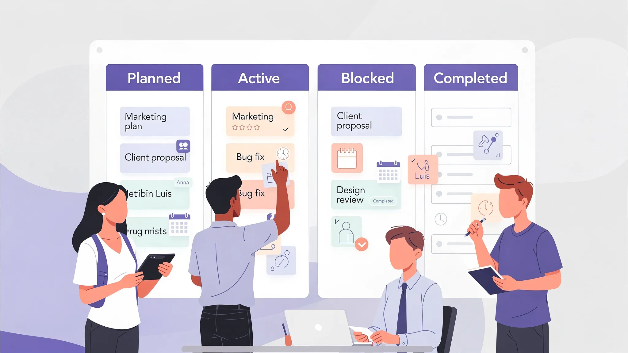 A small business team organizes project tasks on a visual board with columns for planned work, active tasks, blocked items, and completed work. Team members are collaborating around shared priorities, deadlines, and task ownership.