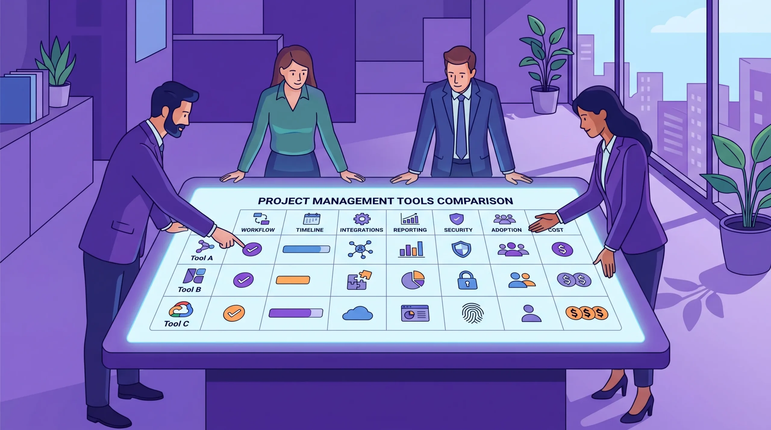 A team compares project management tools using a simple matrix on a shared table, with columns for workflow, timeline, integrations, reporting, security, adoption, and cost.