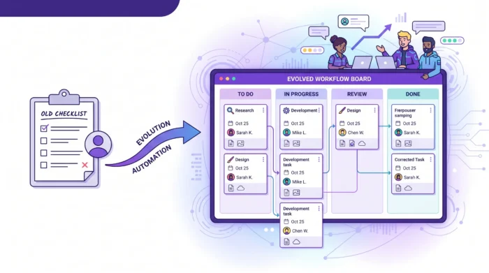 A team workflow evolving from a simple checklist into a shared visual project board with task cards, owners, due dates and connected files