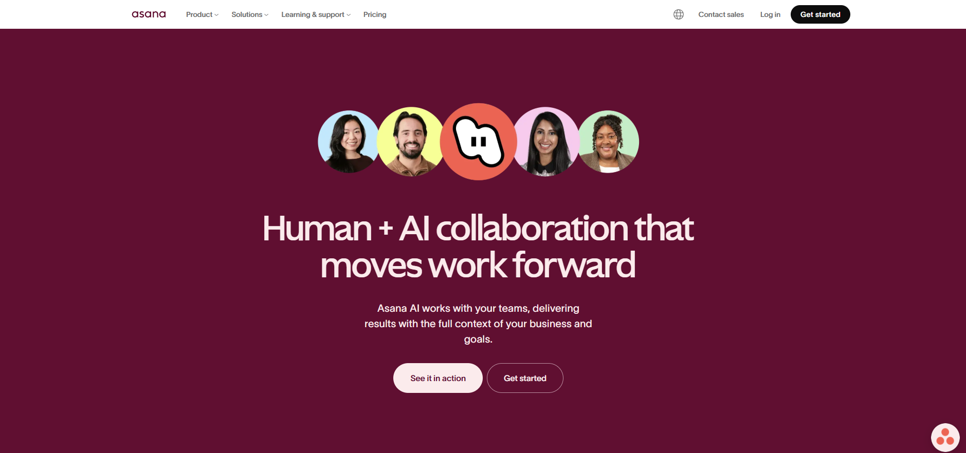 A screenshot of the Asana website homepage featuring the headline "Human + AI collaboration that moves work forward" below five circular team member avatars