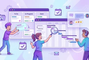A digital illustration of team members actively collaborating around a visual project management workspace that displays a Kanban board, a Gantt chart with milestones, and integrated communication tools