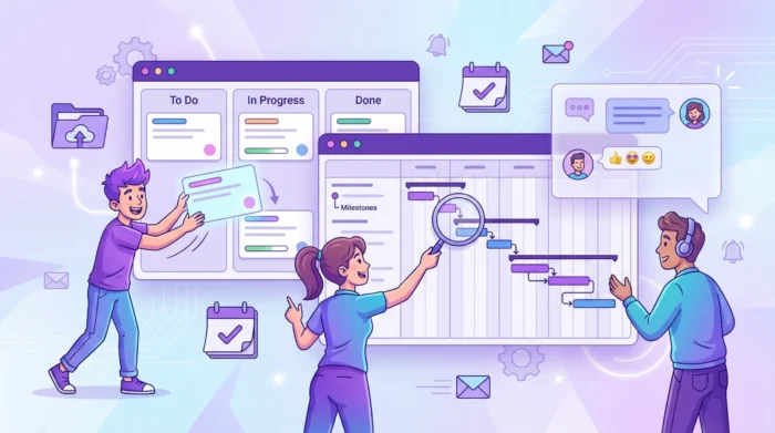 A digital illustration of team members actively collaborating around a visual project management workspace that displays a Kanban board, a Gantt chart with milestones, and integrated communication tools