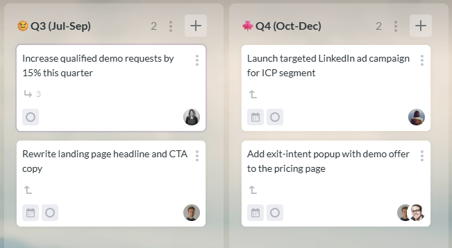 Kanbanchi board showing a top-level outcome card with subtasks broken down by quarter