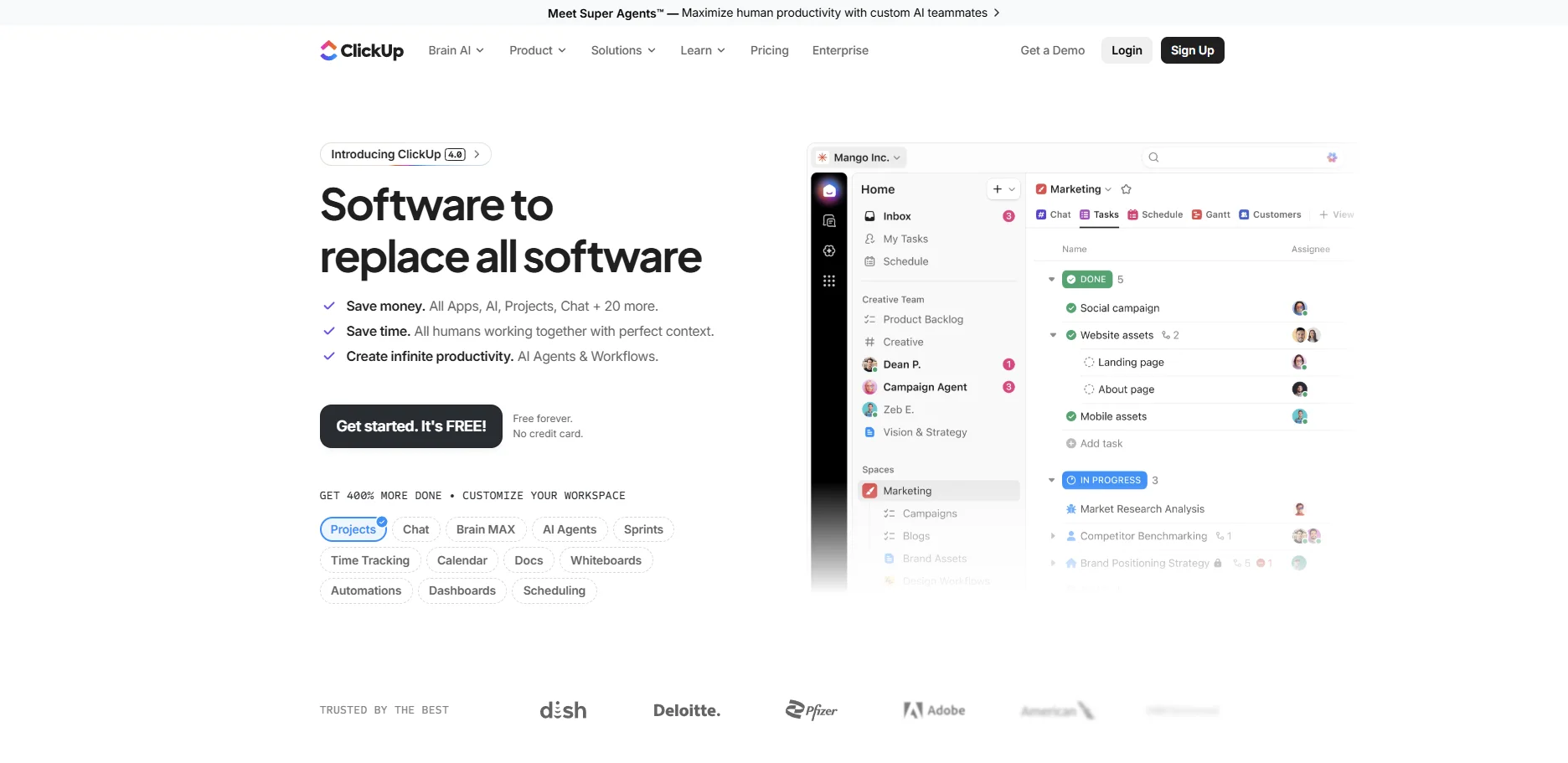 A screenshot of the ClickUp website homepage displaying the bold headline "Software to replace all software" alongside a digital product interface