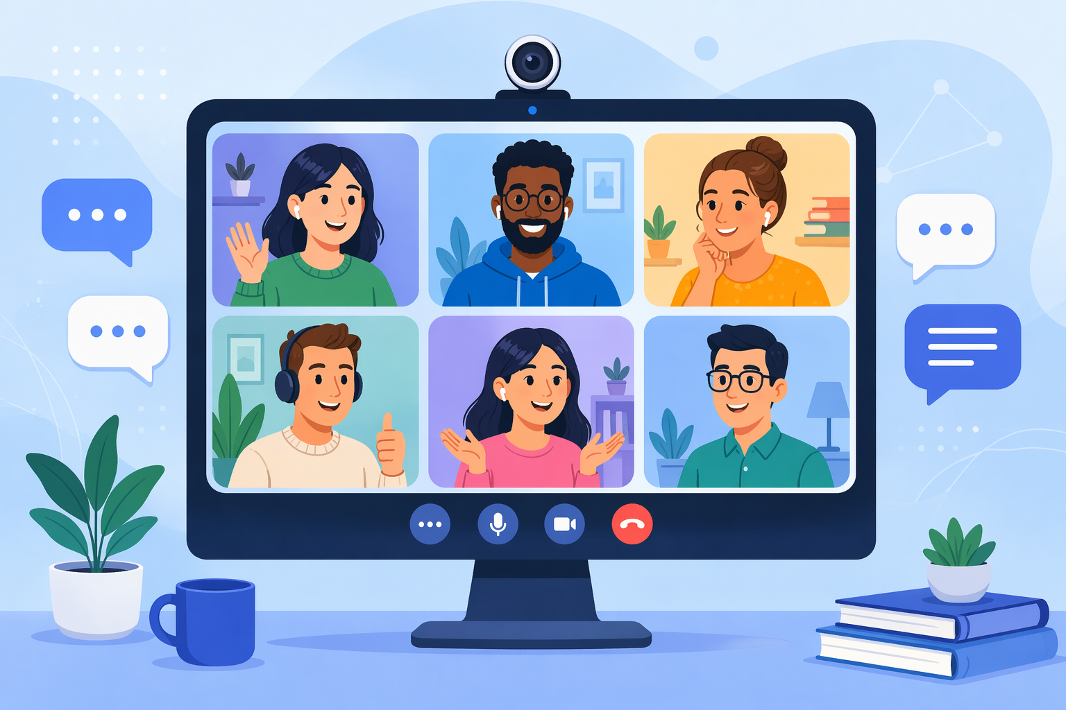 A digital illustration of a computer monitor displaying a virtual video meeting with six smiling team members and floating chat bubbles