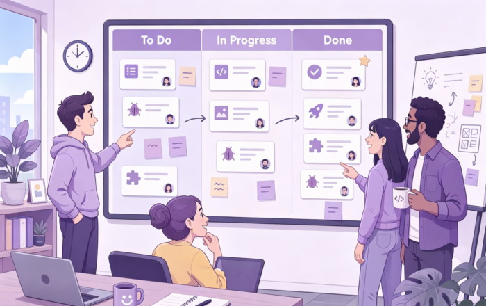 different-people-on-one-team-collaborating An illustration of four team members collaborating around a large project management board split into To Do, In Progress, and Done columns