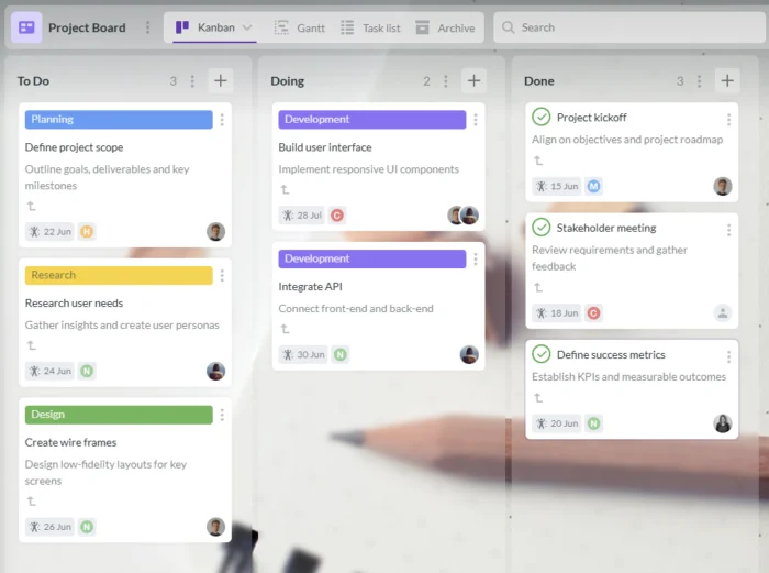 Kanbanchi board with task cards grouped by workflow stage, with owners, due dates, color labels, and priorities