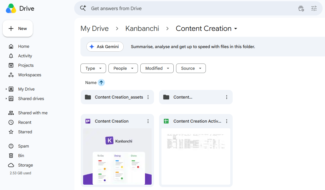 Kanbanchi project board displayed inside Google Drive as part of a Google Workspace planning workflow.