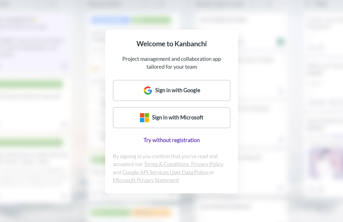 Kanbanchi sign-up screen offering registration with Google Workspace or Microsoft accounts for team project management access.